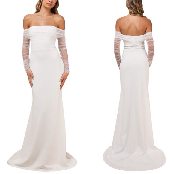 Lulus Beautifully Beloved White Mesh Off-the-Shoulder Maxi Dress size Small NWT - Picture 1 of 8